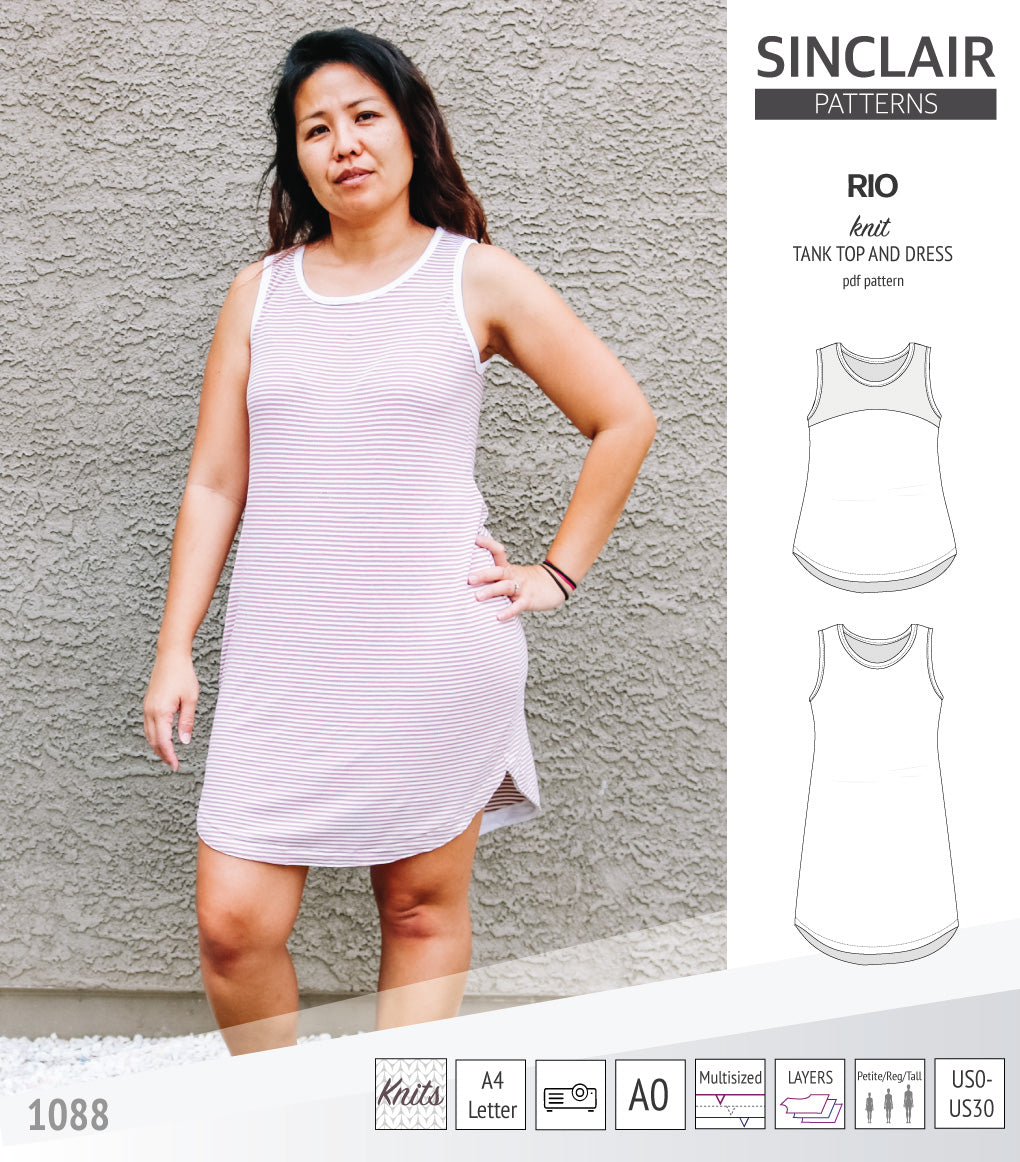 Sinclair Patterns Rio racerback tank top and jersey dress pdf sewing patterns for women