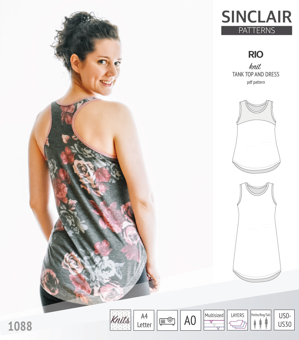 Sinclair Patterns Rio racerback tank top and jersey dress pdf sewing patterns for women