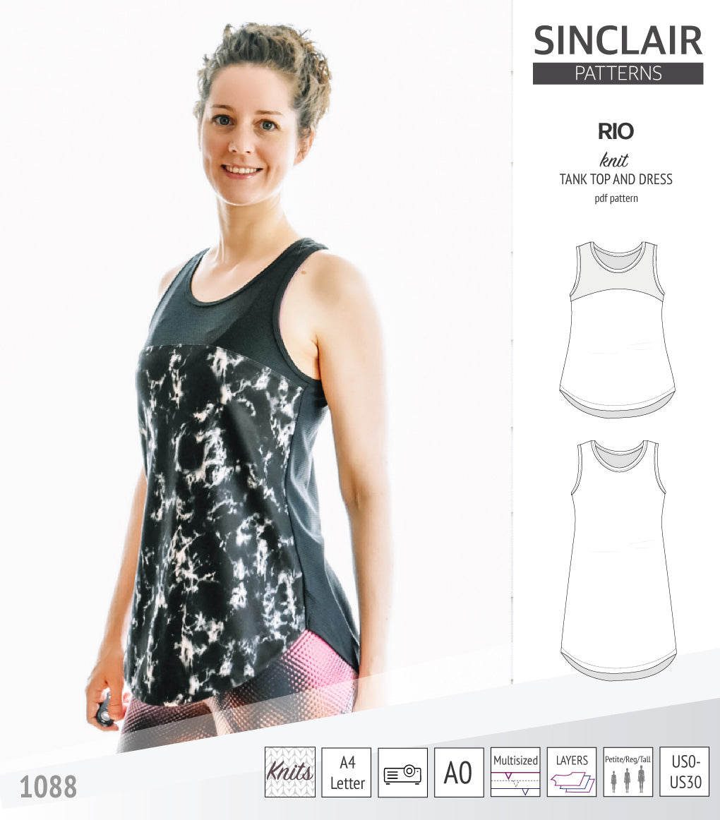 Sinclair Patterns Rio racerback tank top and jersey dress pdf sewing patterns for women