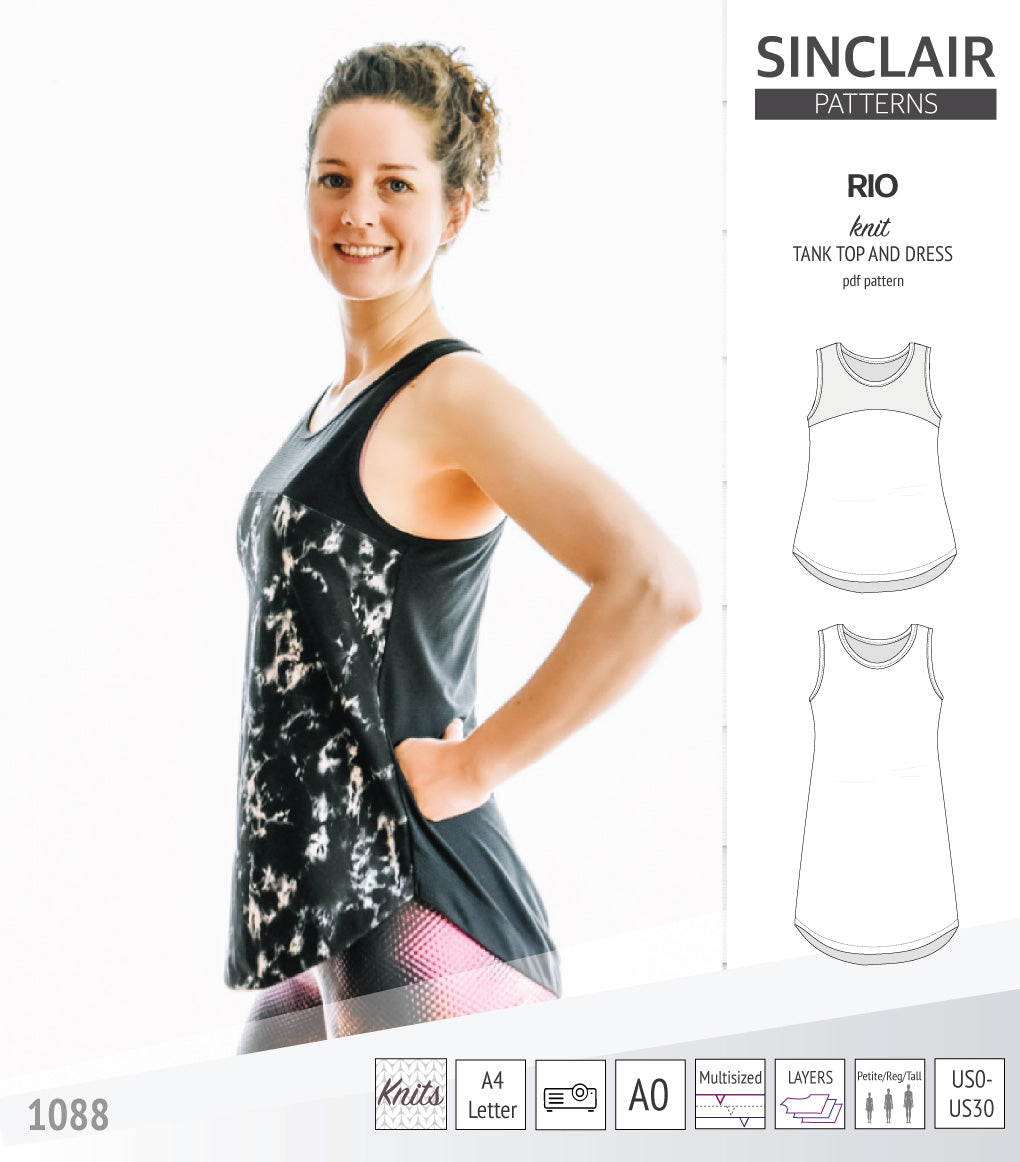 Sinclair Patterns Rio racerback tank top and jersey dress pdf sewing patterns for women