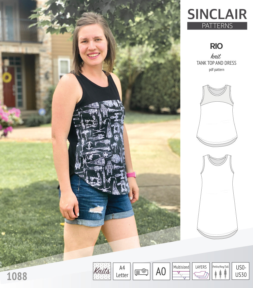 Sinclair Patterns Rio racerback tank top and jersey dress pdf sewing patterns for women