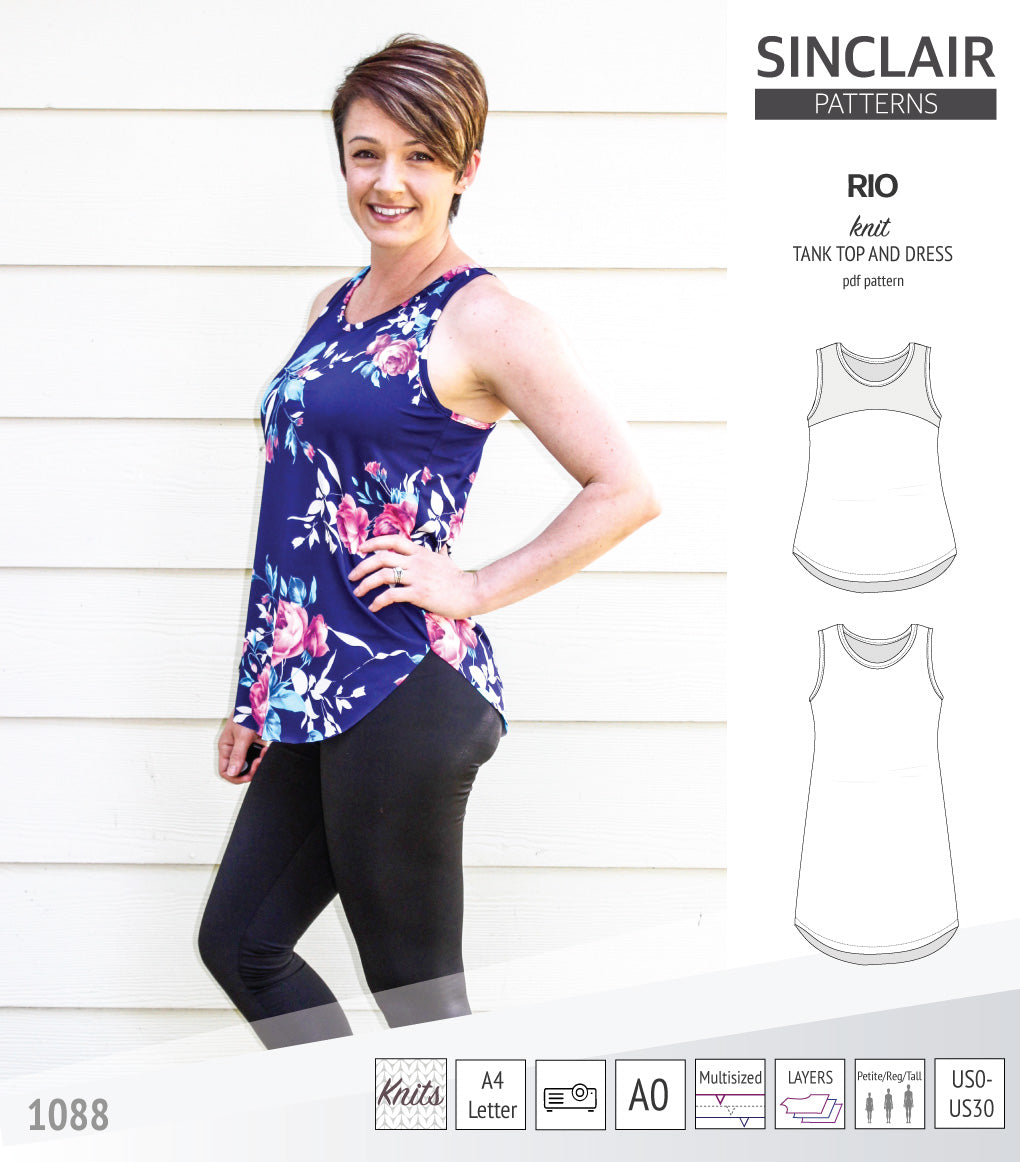 Sinclair Patterns Rio racerback tank top and jersey dress pdf sewing patterns for women
