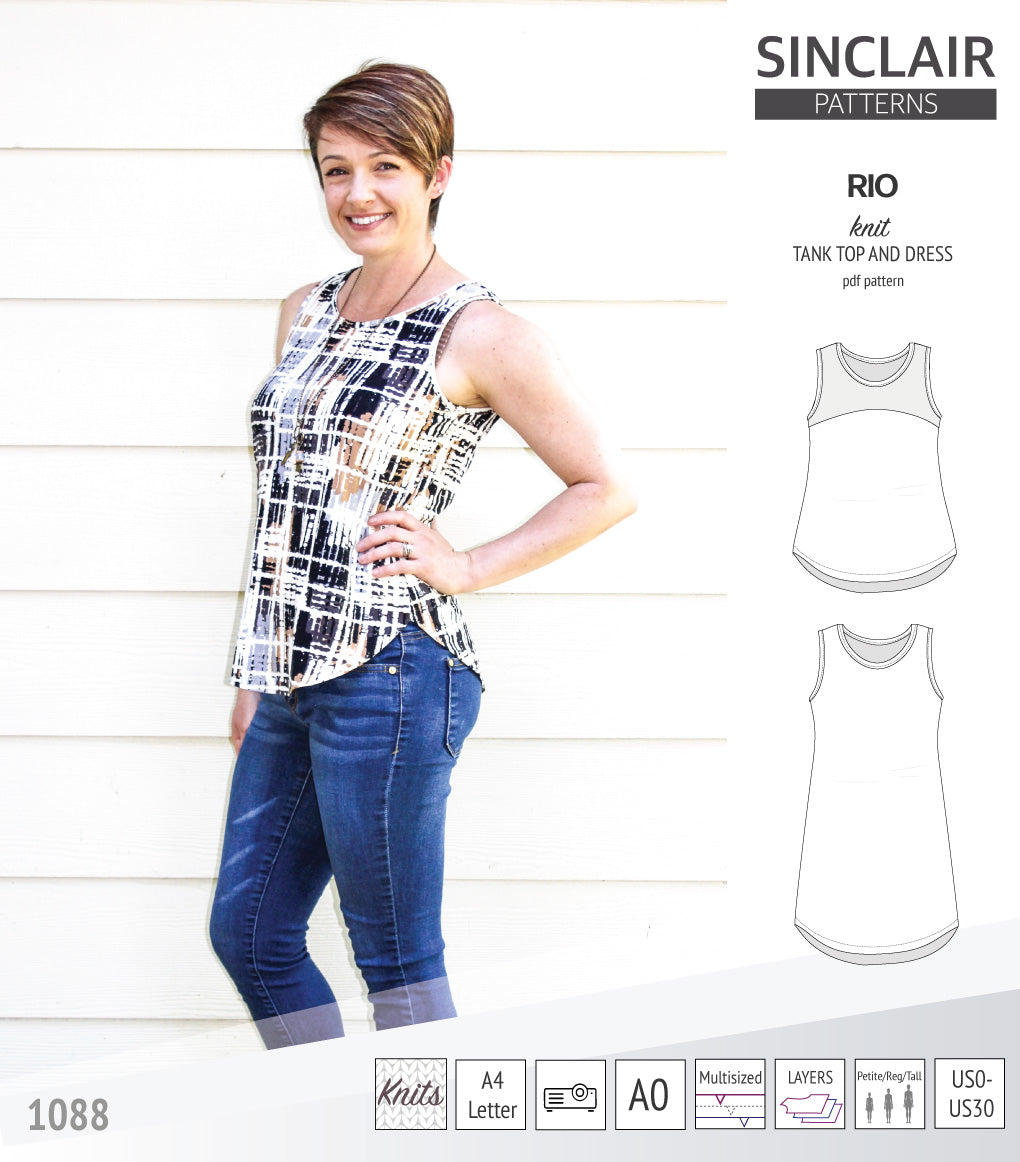 Sinclair Patterns Rio racerback tank top and jersey dress pdf sewing patterns for women
