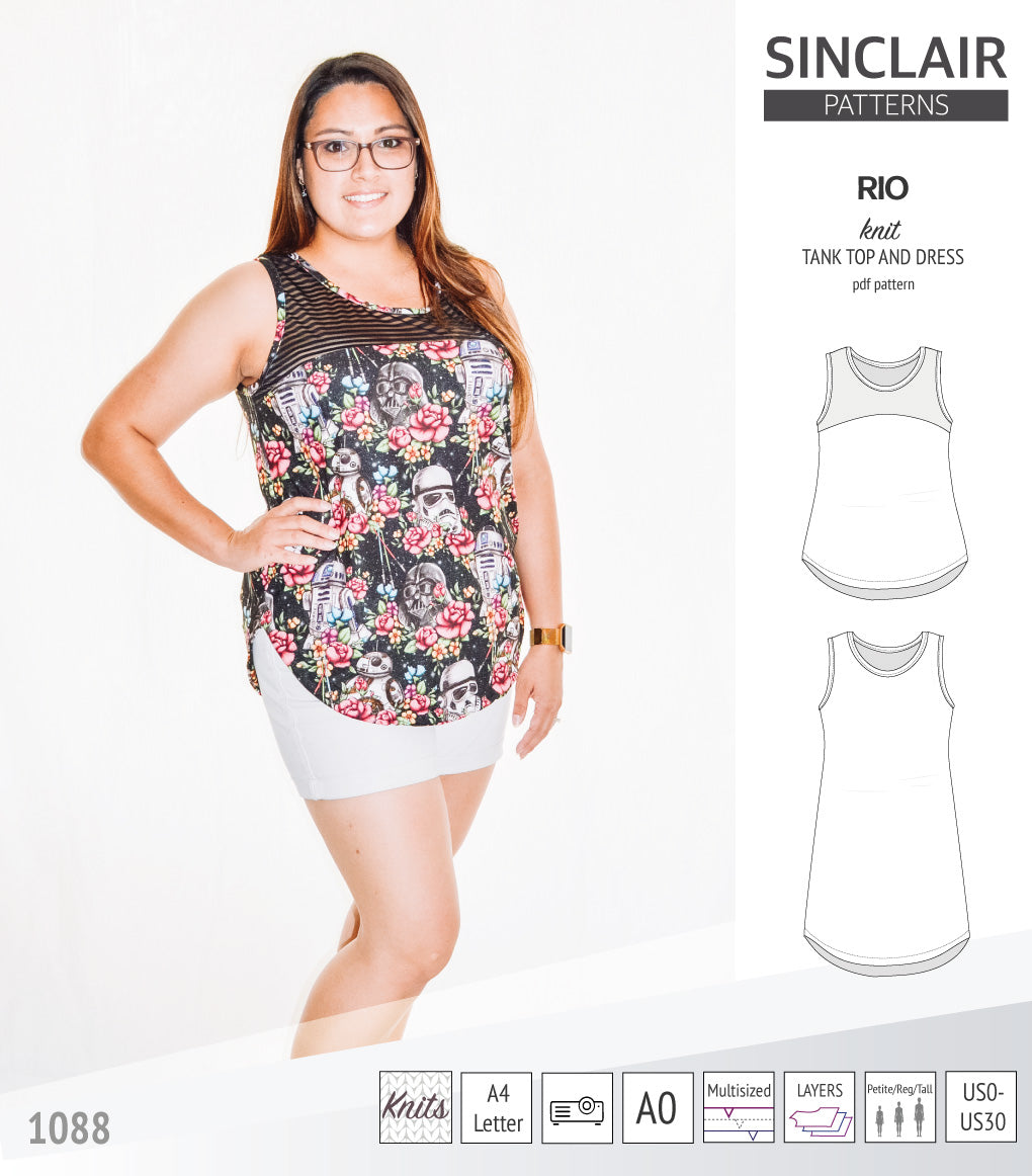 Sinclair Patterns Rio racerback tank top and jersey dress pdf sewing patterns for women