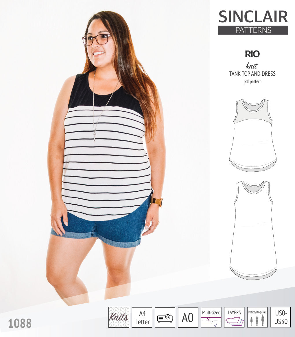 Sinclair Patterns Rio racerback tank top and jersey dress pdf sewing patterns for women