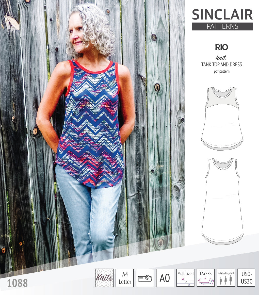 Sinclair Patterns Rio racerback tank top and jersey dress pdf sewing patterns for women