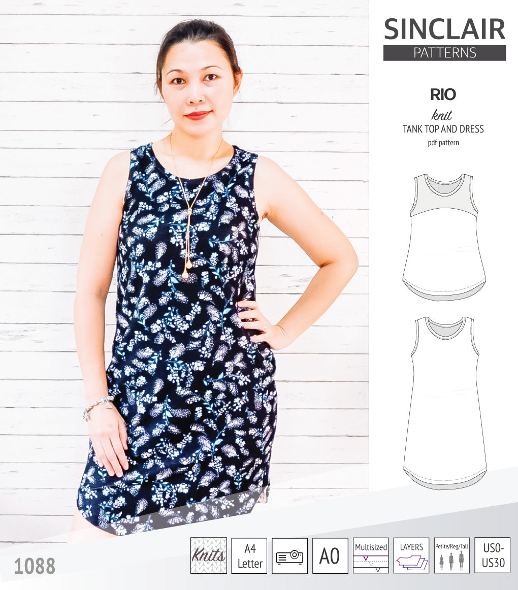 Sinclair Patterns Rio racerback tank top and jersey dress pdf sewing patterns for women