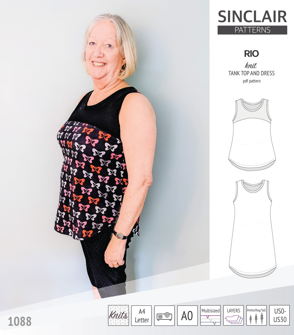Sinclair Patterns Rio racerback tank top and jersey dress pdf sewing patterns for women