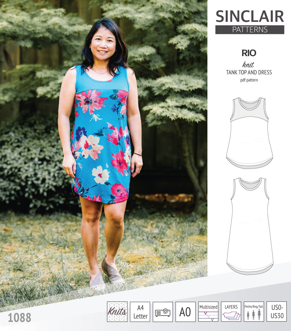Sinclair Patterns Rio racerback tank top and jersey dress pdf sewing patterns for women