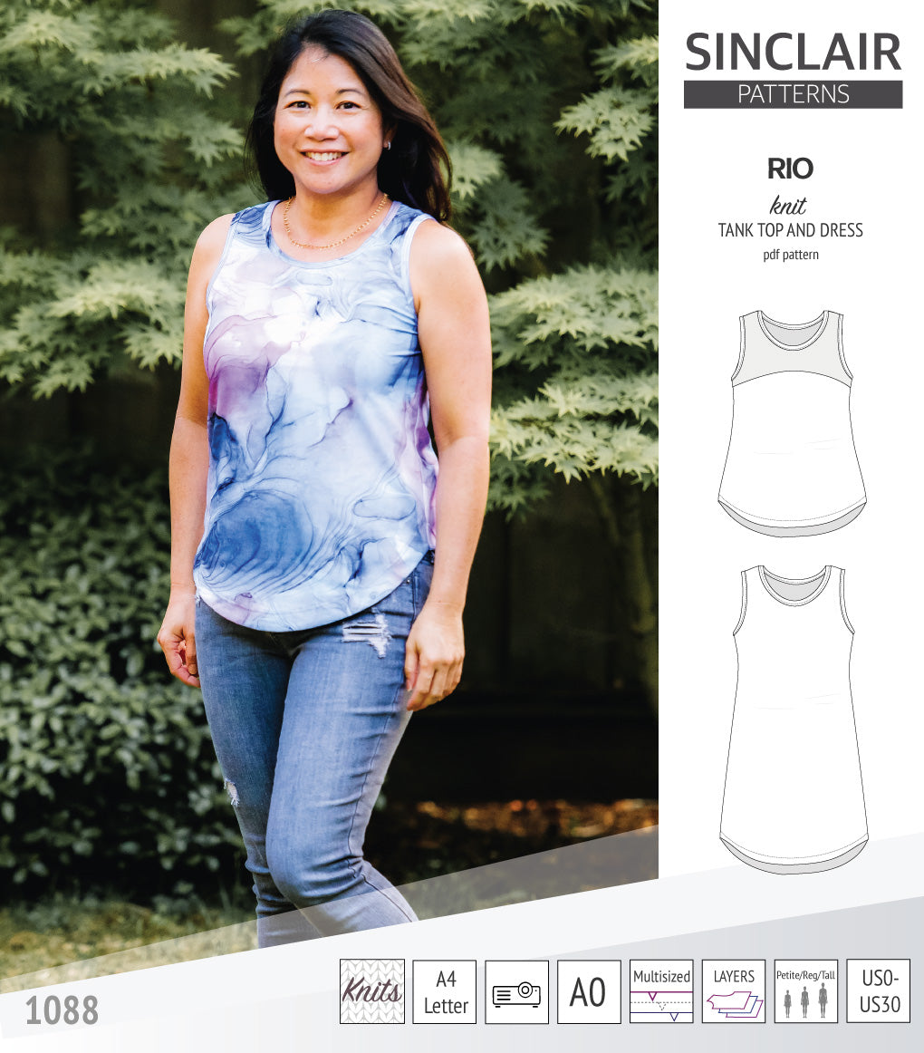Sinclair Patterns Rio racerback tank top and jersey dress pdf sewing patterns for women