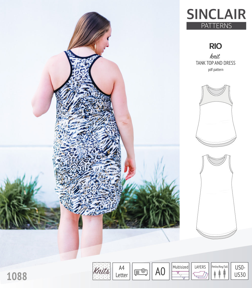 Sinclair Patterns Rio racerback tank top and jersey dress pdf sewing patterns for women