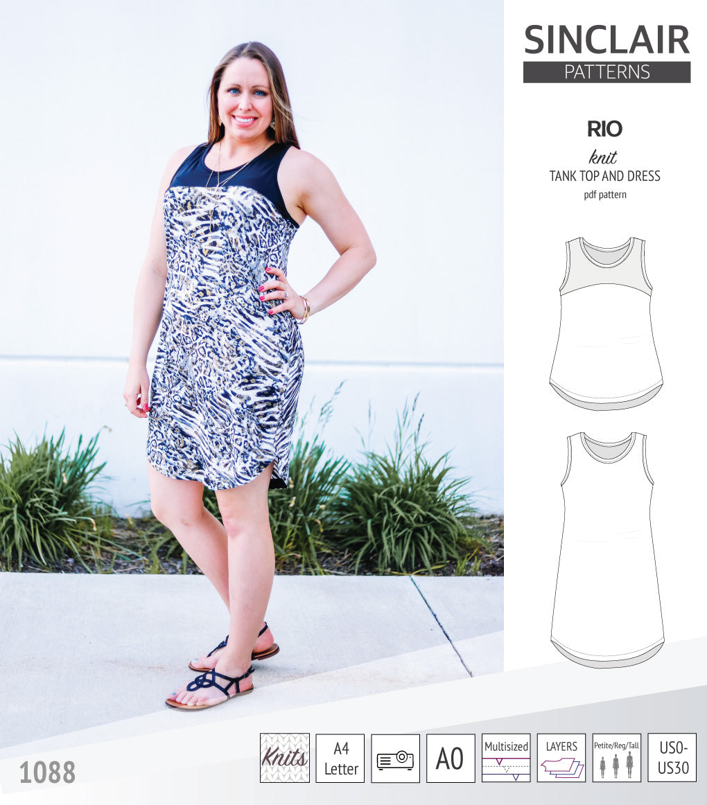 Sinclair Patterns Rio racerback tank top and jersey dress pdf sewing patterns for women