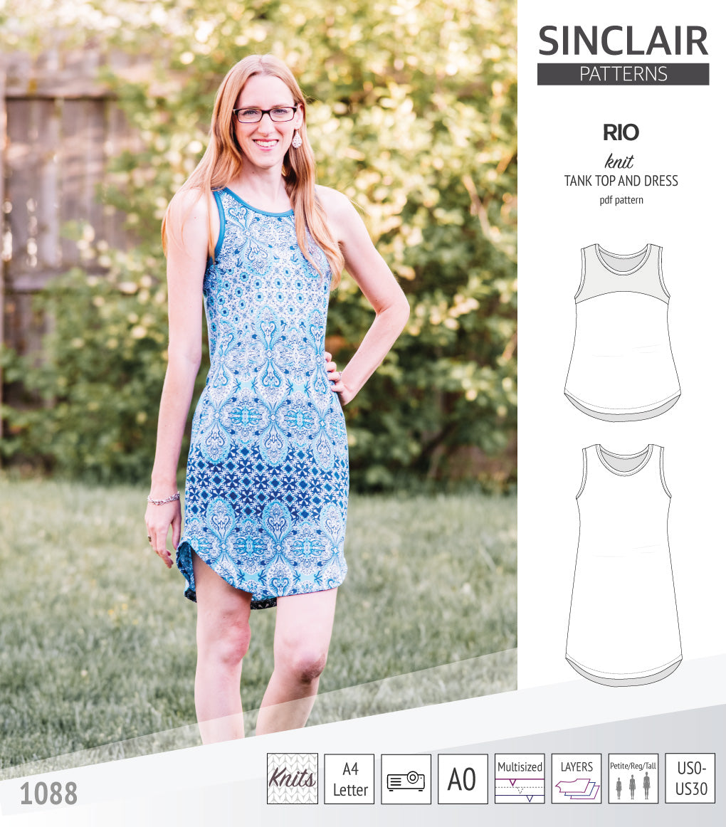 Sinclair Patterns Rio racerback tank top and jersey dress pdf sewing patterns for women