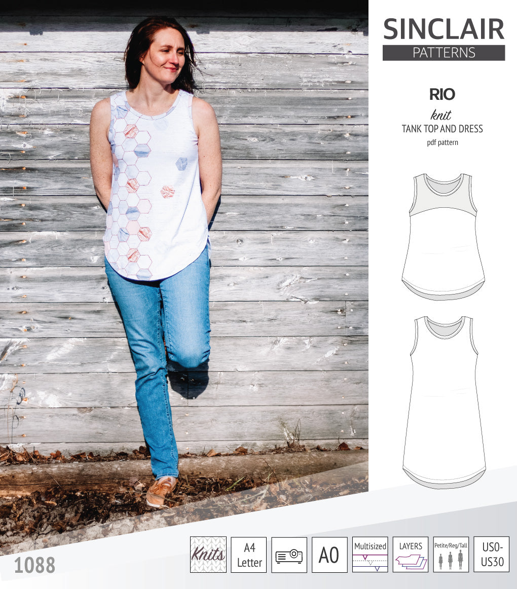 Sinclair Patterns Rio racerback tank top and jersey dress pdf sewing patterns for women