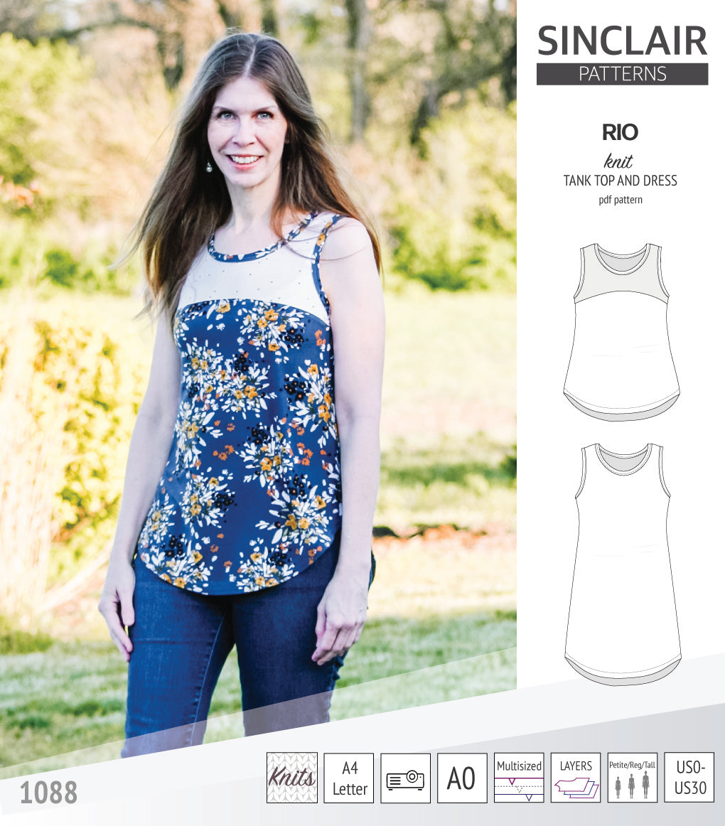 Sinclair Patterns Rio racerback tank top and jersey dress pdf sewing patterns for women