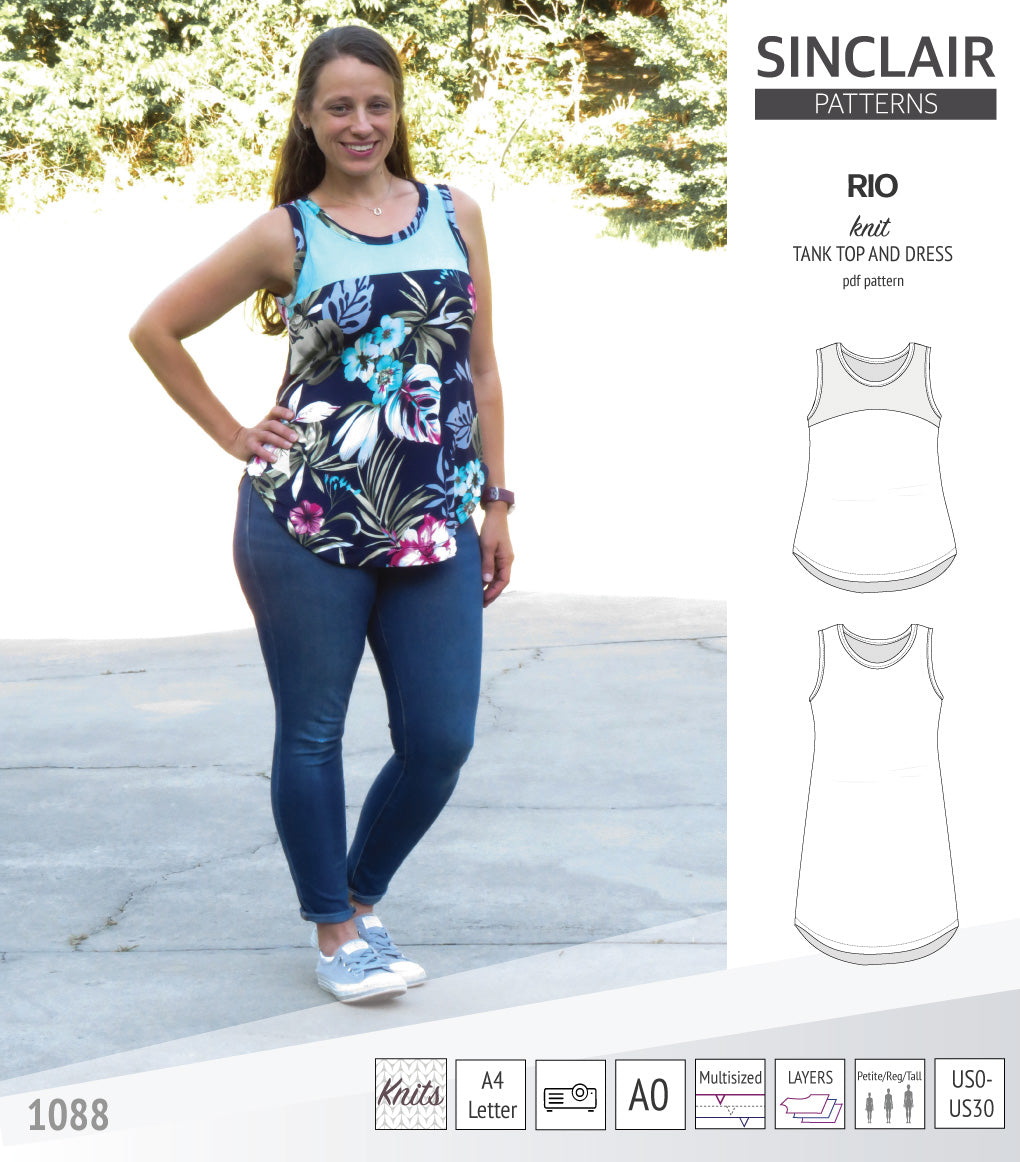 Sinclair Patterns Rio racerback tank top and jersey dress pdf sewing patterns for women
