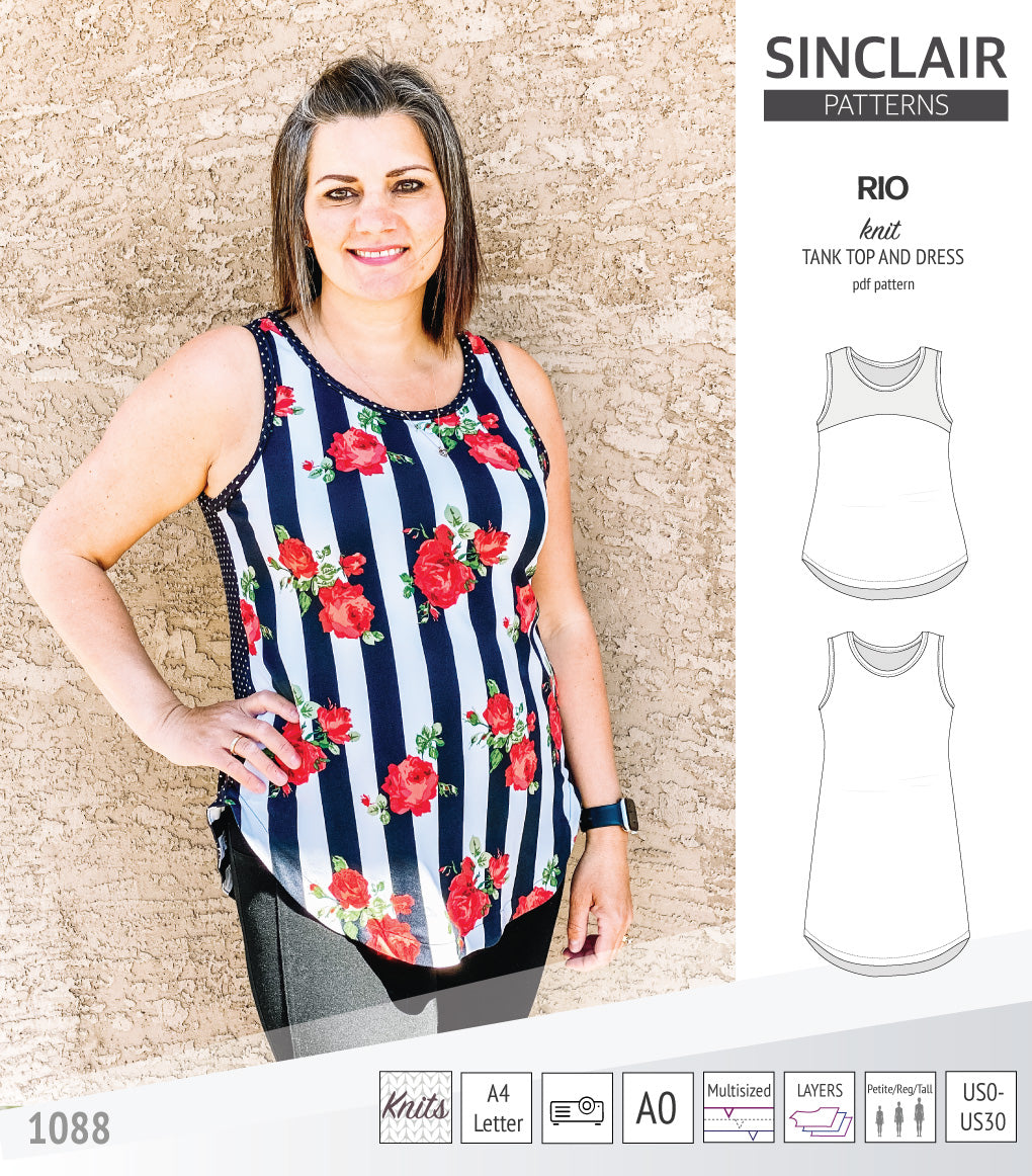 Sinclair Patterns Rio racerback tank top and jersey dress pdf sewing patterns for women