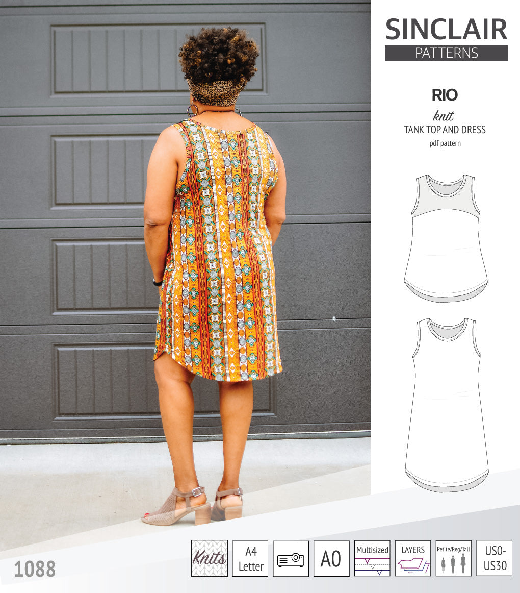 Sinclair Patterns Rio racerback tank top and jersey dress pdf sewing patterns for women