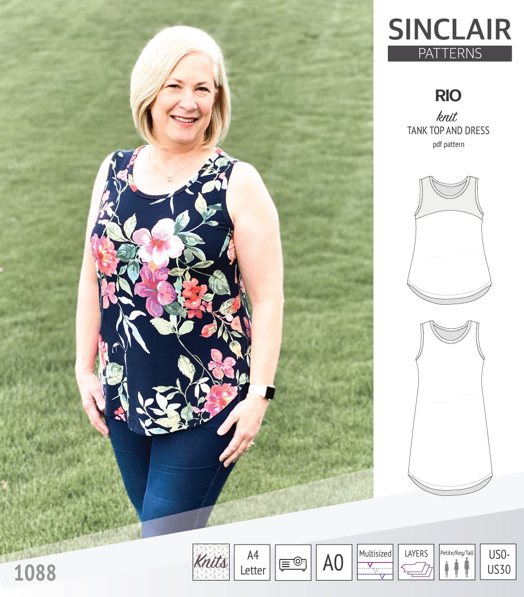 Sinclair Patterns Rio racerback tank top and jersey dress pdf sewing patterns for women