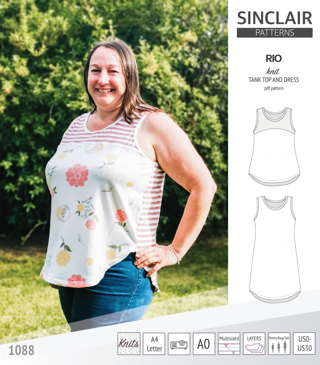 Sinclair Patterns Rio racerback tank top and jersey dress pdf sewing patterns for women
