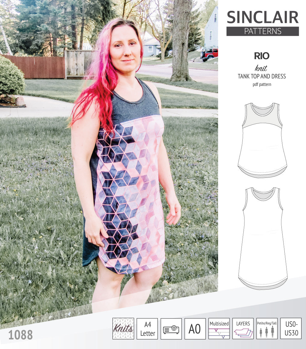 Sinclair Patterns Rio racerback tank top and jersey dress pdf sewing patterns for women