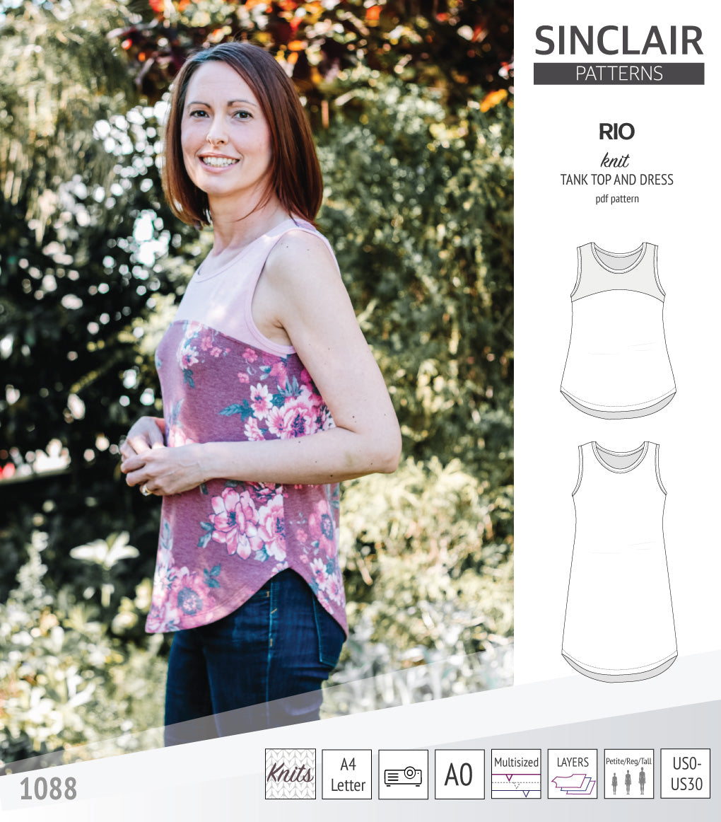 Sinclair Patterns Rio racerback tank top and jersey dress pdf sewing patterns for women