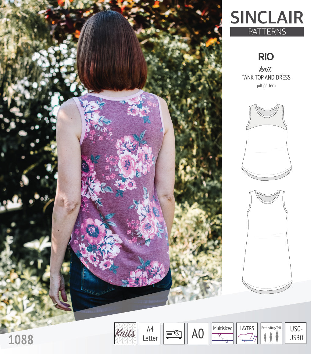 Sinclair Patterns Rio racerback tank top and jersey dress pdf sewing patterns for women