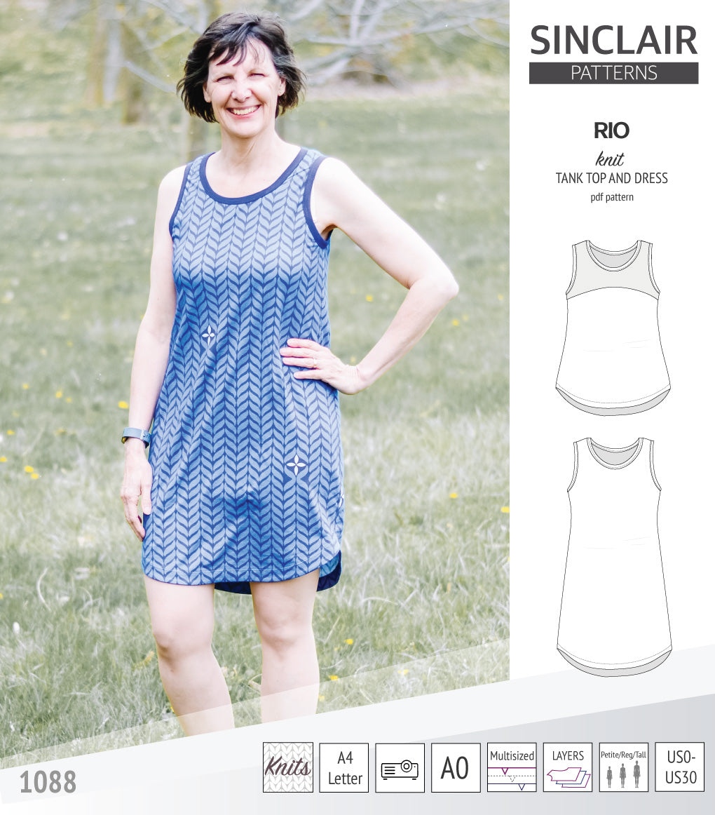 Sinclair Patterns Rio racerback tank top and jersey dress pdf sewing patterns for women