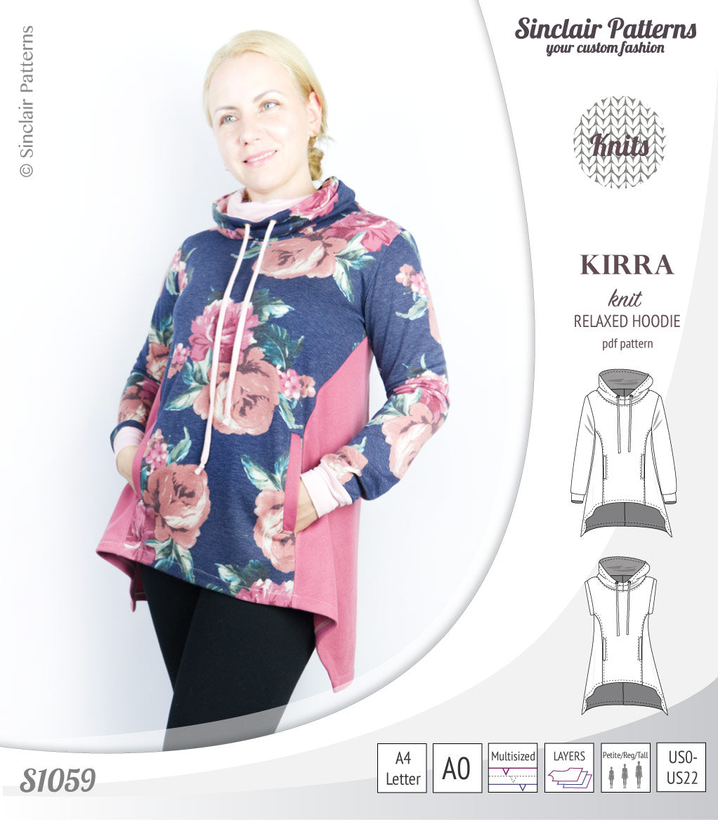 Pdf sewing pattern Kirra knit hoodie with welt pockets and panels by Sinclair Patterns