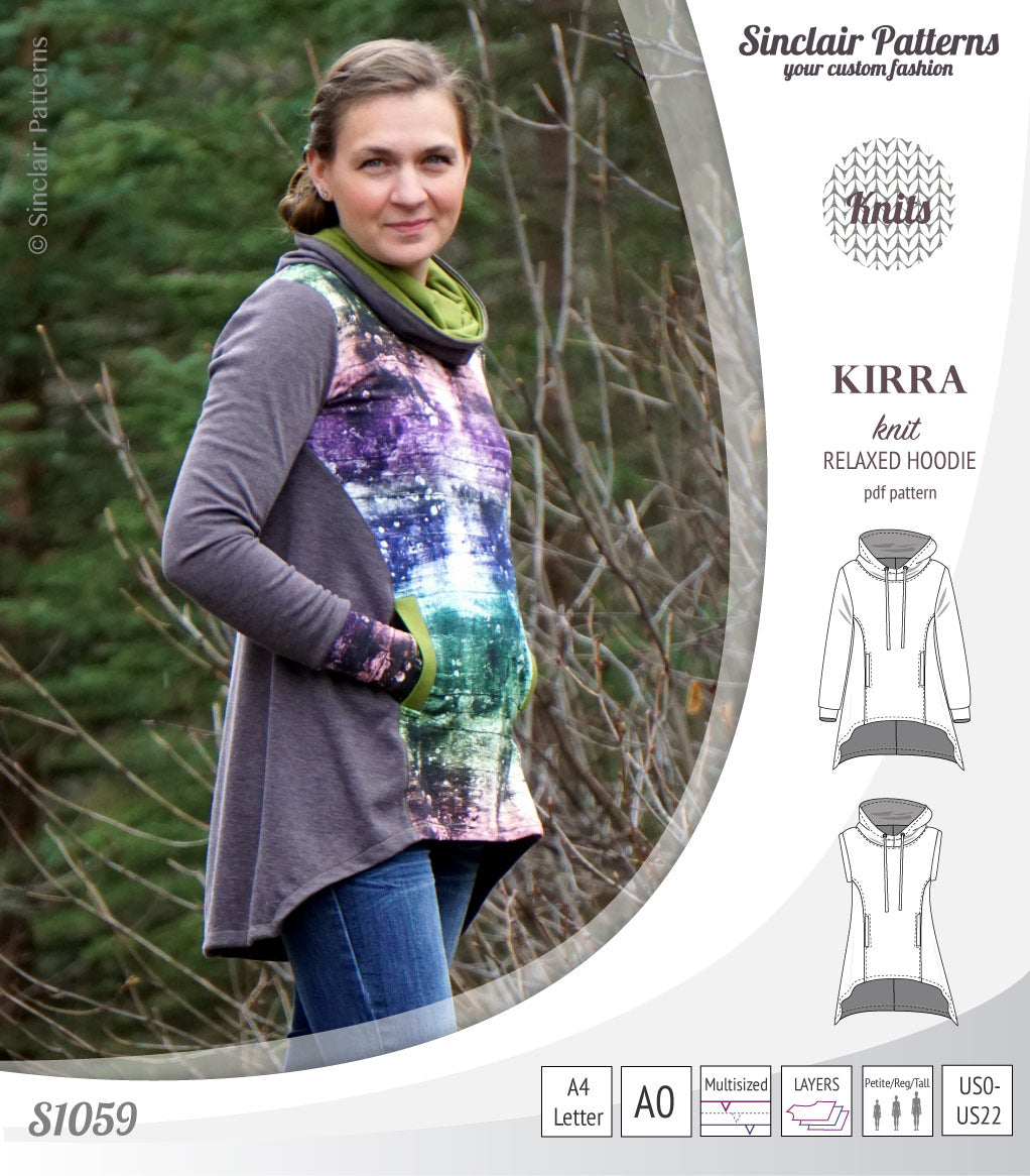 Pdf sewing pattern Kirra knit hoodie with welt pockets and panels by Sinclair Patterns