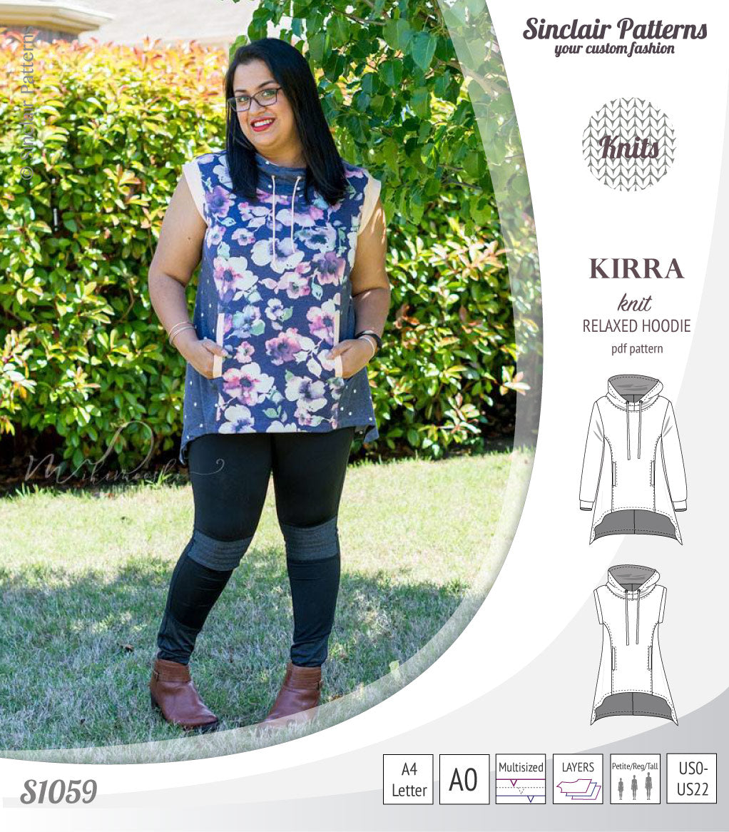 Pdf sewing pattern Kirra knit hoodie with welt pockets and panels by Sinclair Patterns