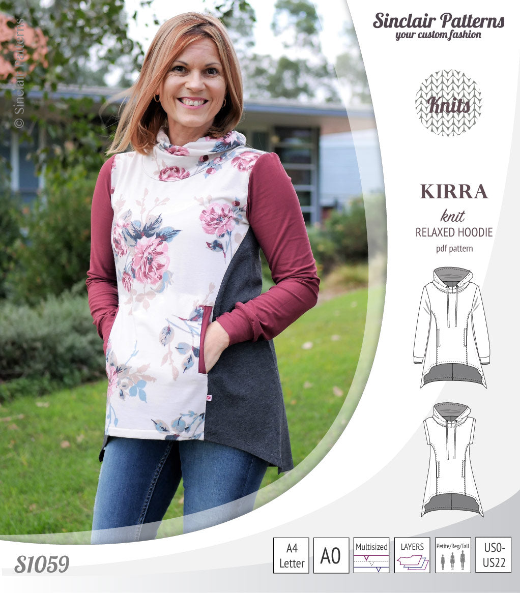 Pdf sewing pattern Kirra knit hoodie with welt pockets and panels by Sinclair Patterns