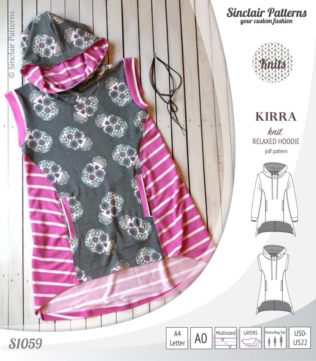 Pdf sewing pattern Kirra knit hoodie with welt pockets and panels by Sinclair Patterns