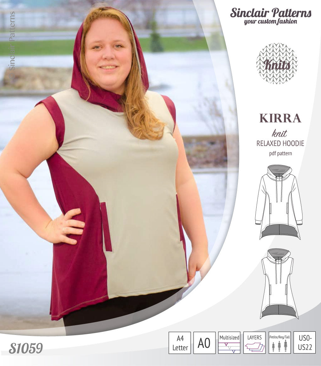 Pdf sewing pattern Kirra knit hoodie with welt pockets and panels by Sinclair Patterns