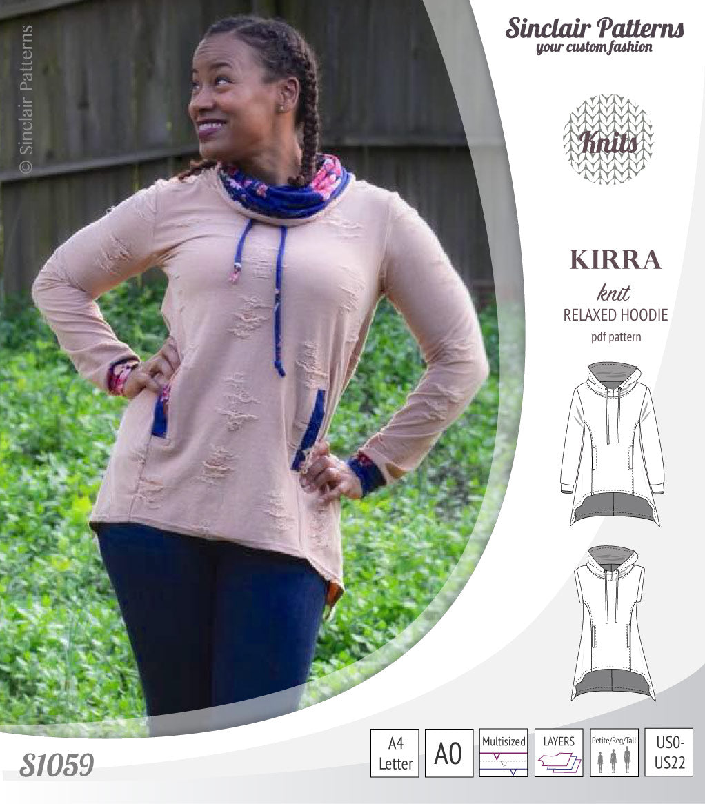 Pdf sewing pattern Kirra knit hoodie with welt pockets and panels by Sinclair Patterns