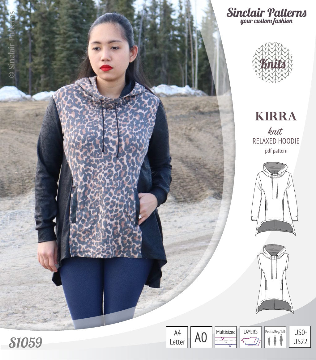 Pdf sewing pattern Kirra knit hoodie with welt pockets and panels by Sinclair Patterns