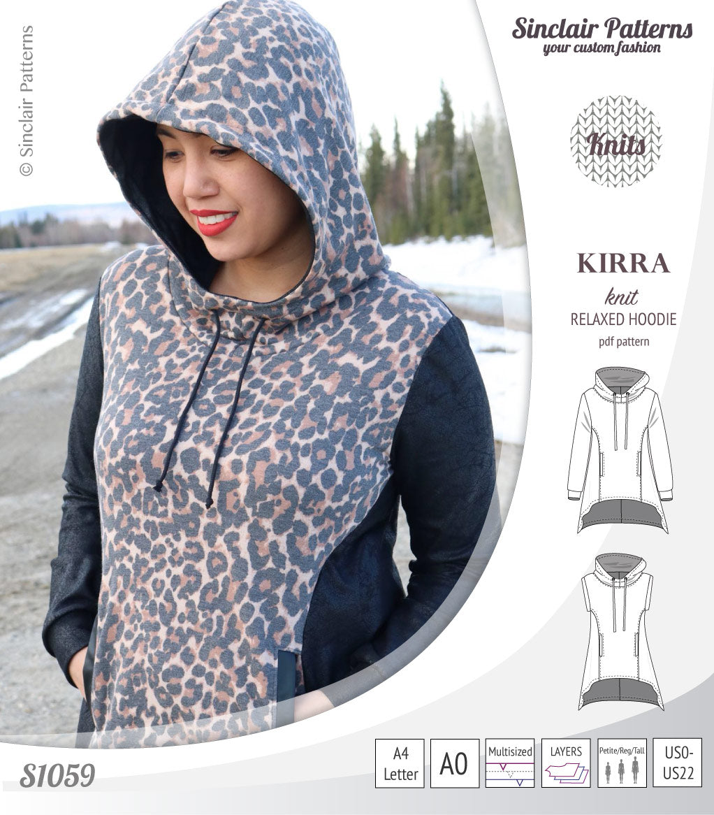 Pdf sewing pattern Kirra knit hoodie with welt pockets and panels by Sinclair Patterns