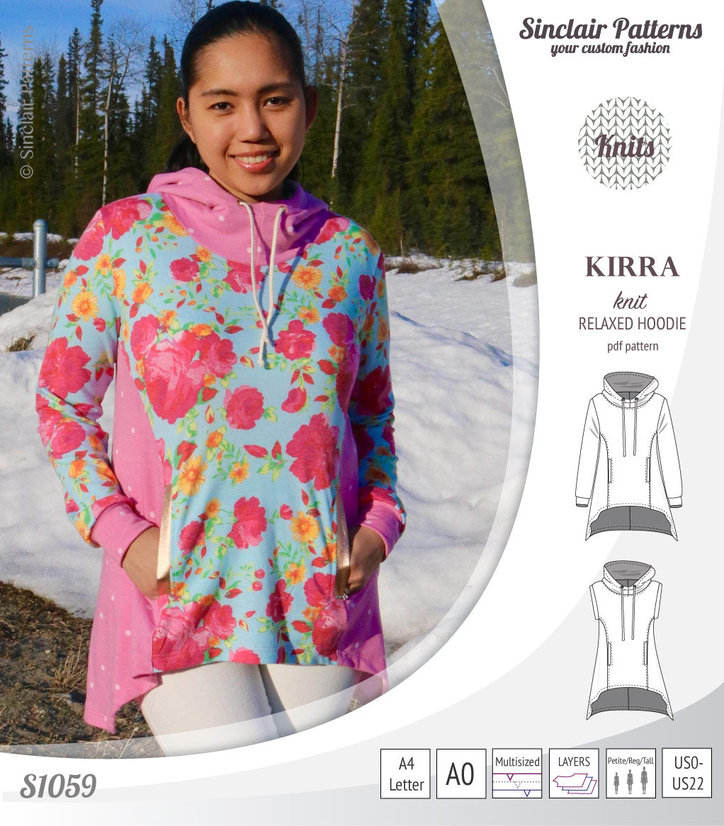 Pdf sewing pattern Kirra knit hoodie with welt pockets and panels by Sinclair Patterns