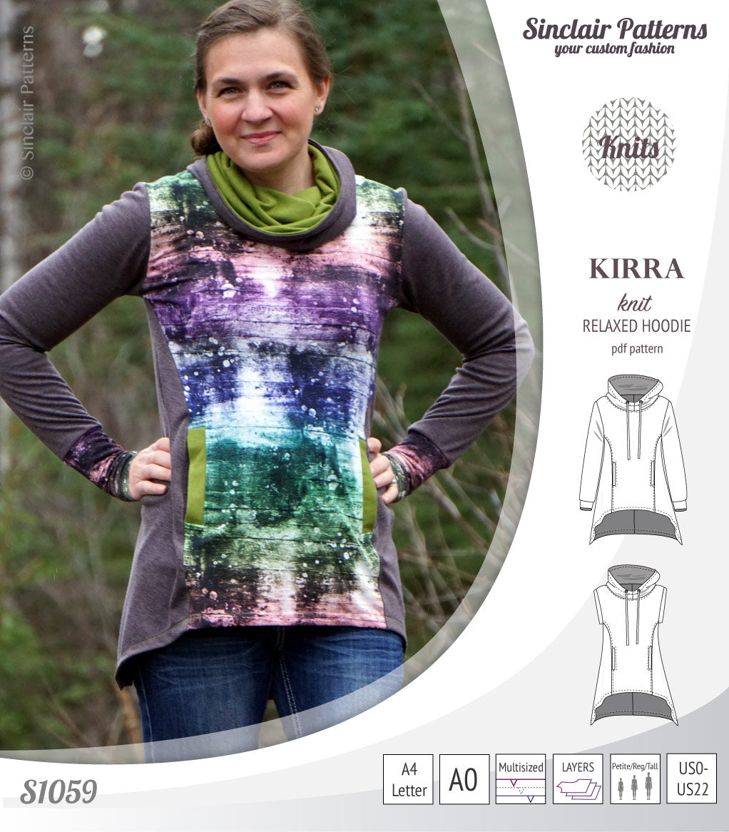 Pdf sewing pattern Kirra knit hoodie with welt pockets and panels by Sinclair Patterns