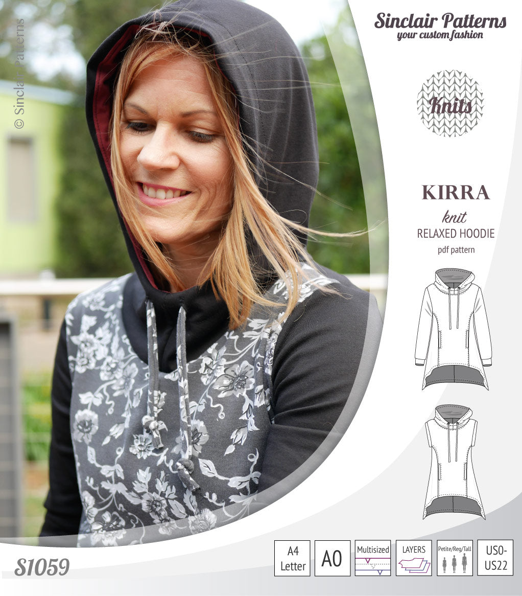 Pdf sewing pattern Kirra knit hoodie with welt pockets and panels by Sinclair Patterns
