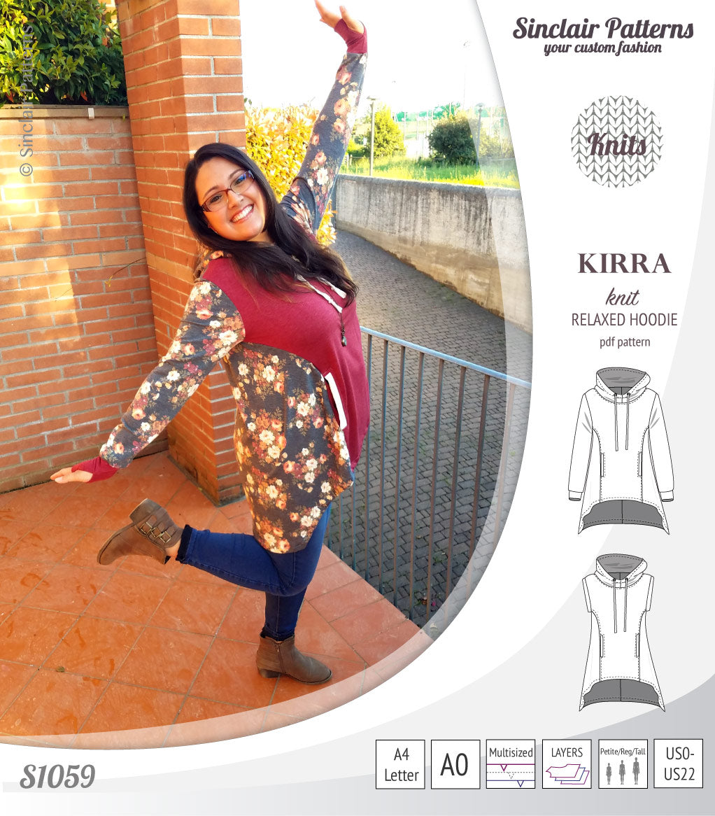 Pdf sewing pattern Kirra knit hoodie with welt pockets and panels by Sinclair Patterns
