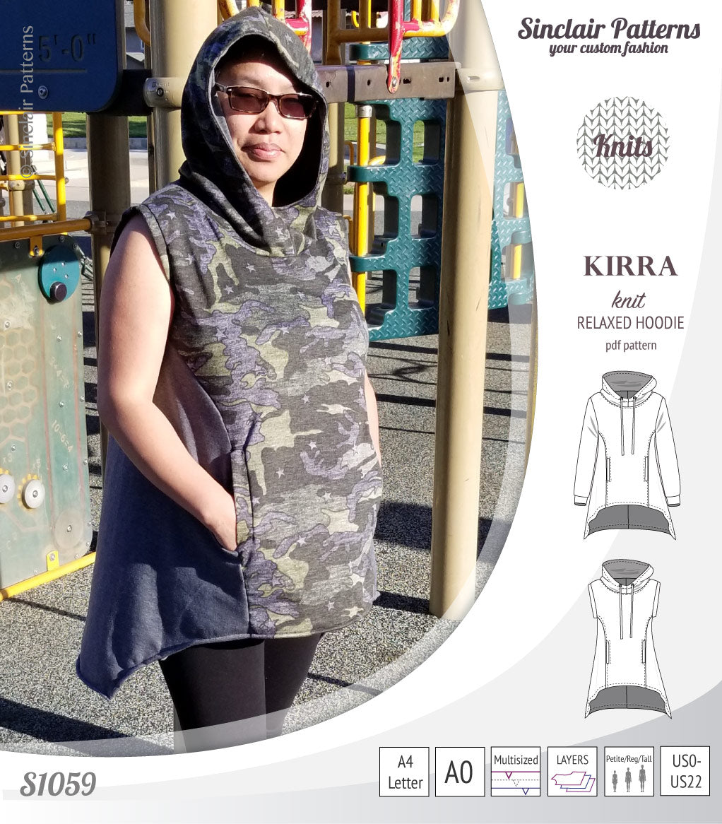 Pdf sewing pattern Kirra knit hoodie with welt pockets and panels by Sinclair Patterns