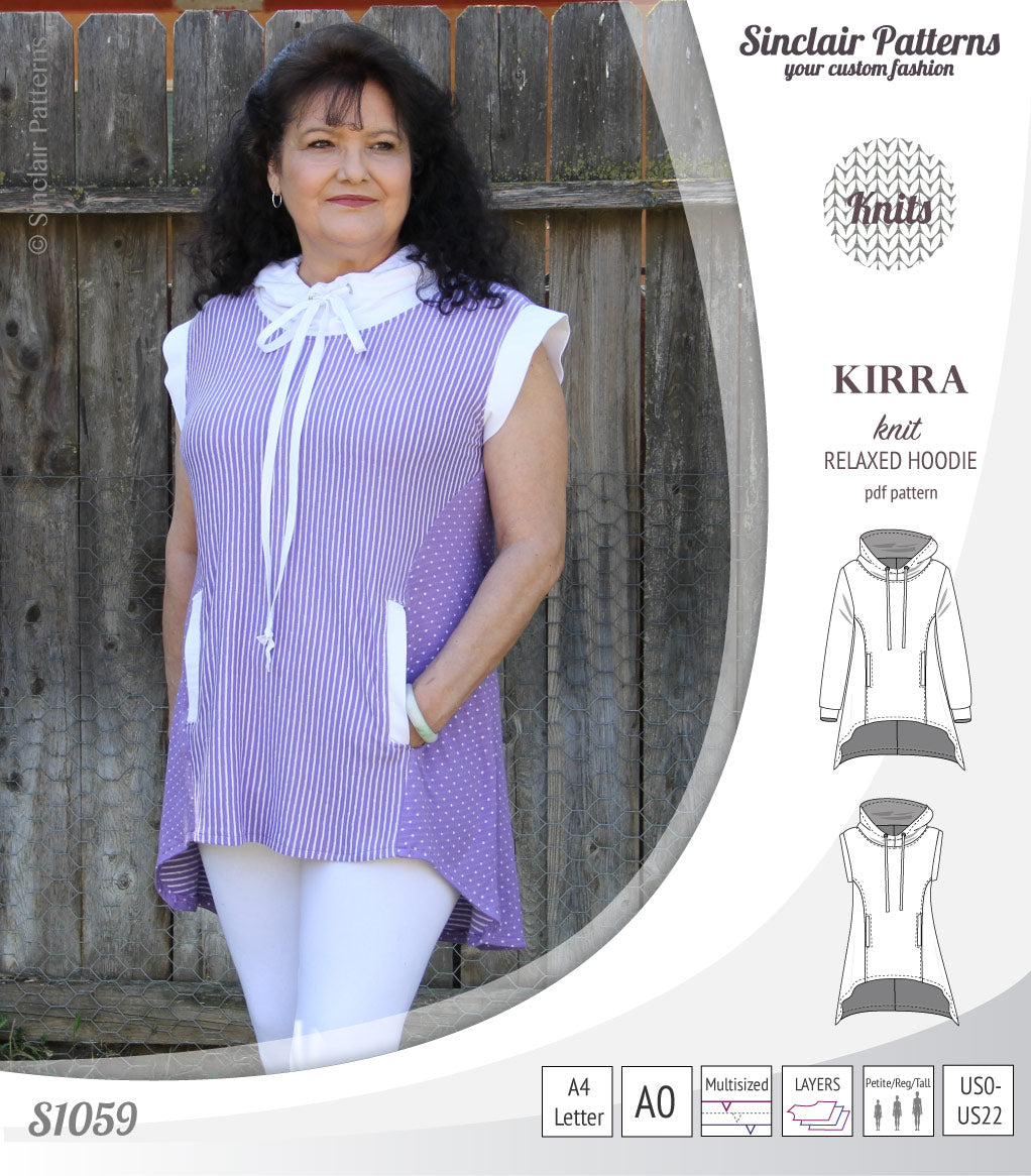 Pdf sewing pattern Kirra knit hoodie with welt pockets and panels by Sinclair Patterns