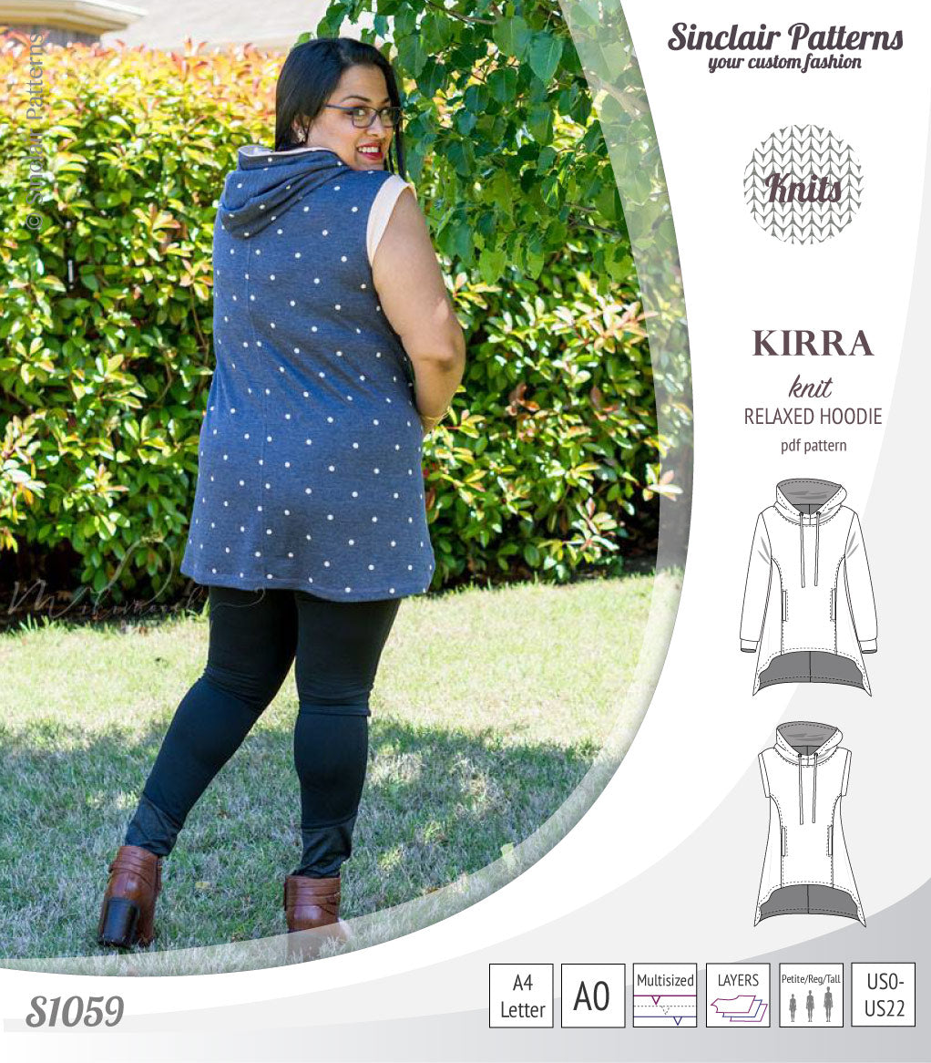 Pdf sewing pattern Kirra knit hoodie with welt pockets and panels by Sinclair Patterns
