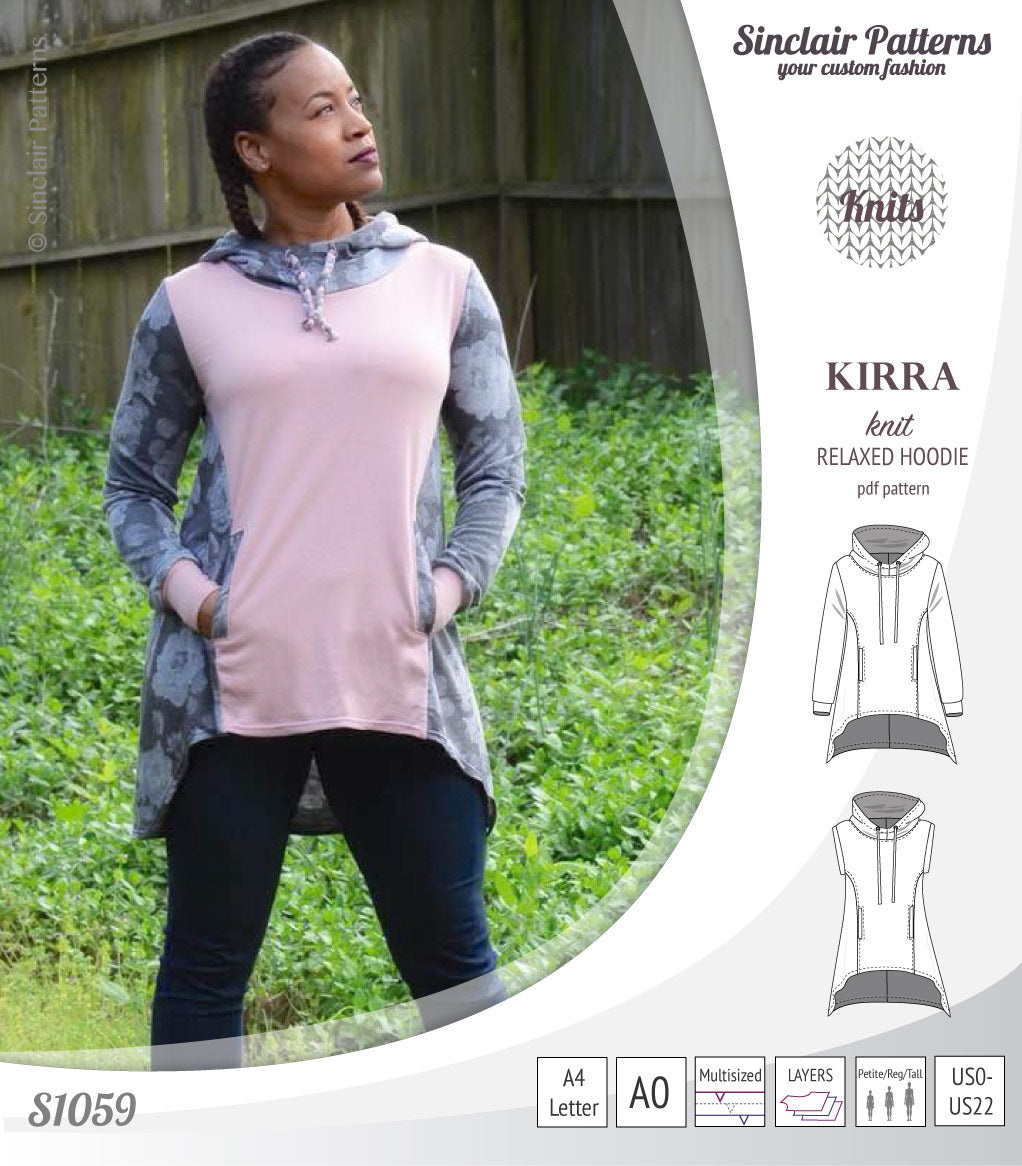 Pdf sewing pattern Kirra knit hoodie with welt pockets and panels by Sinclair Patterns