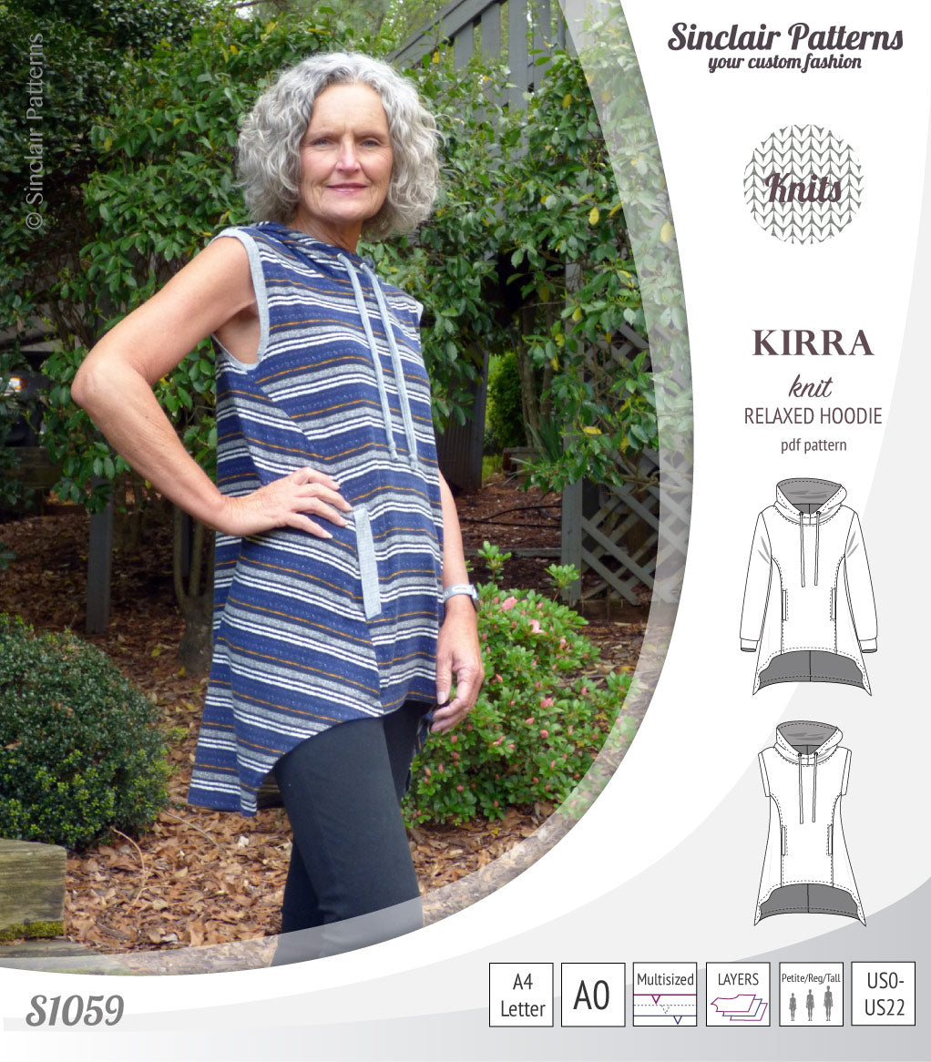 Pdf sewing pattern Kirra knit hoodie with welt pockets and panels by Sinclair Patterns