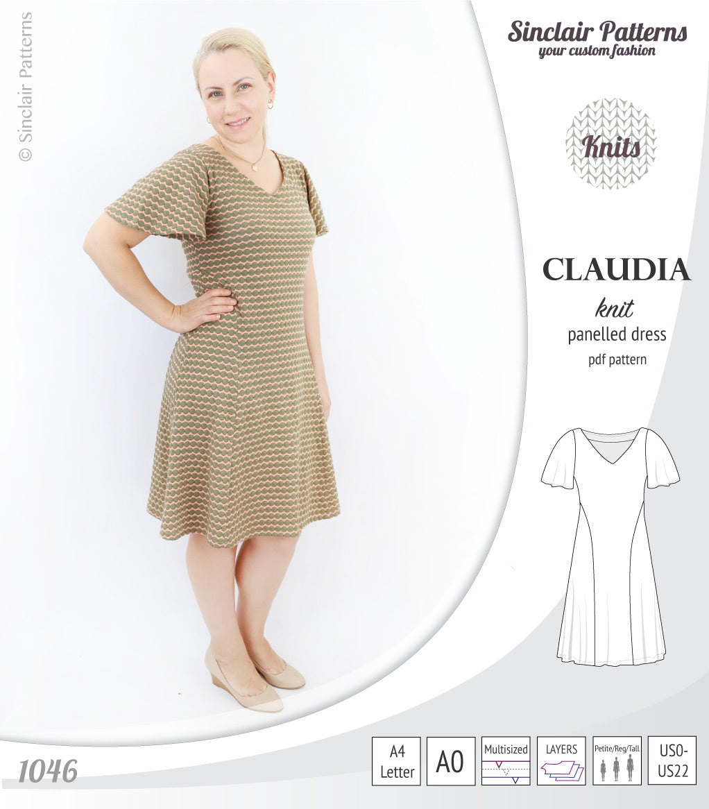 PDF Sewing pattern Sinclair Patterns S1046 Claudia godet style knit dress or tunic with flutter sleeves