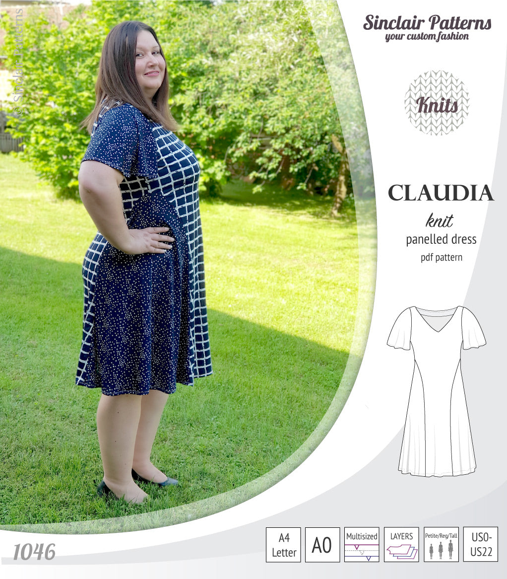 PDF Sewing pattern Sinclair Patterns S1046 Claudia godet style knit dress or tunic with flutter sleeves