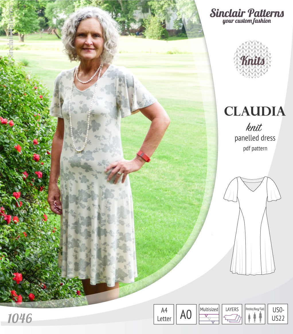 PDF Sewing pattern Sinclair Patterns S1046 Claudia godet style knit dress or tunic with flutter sleeves