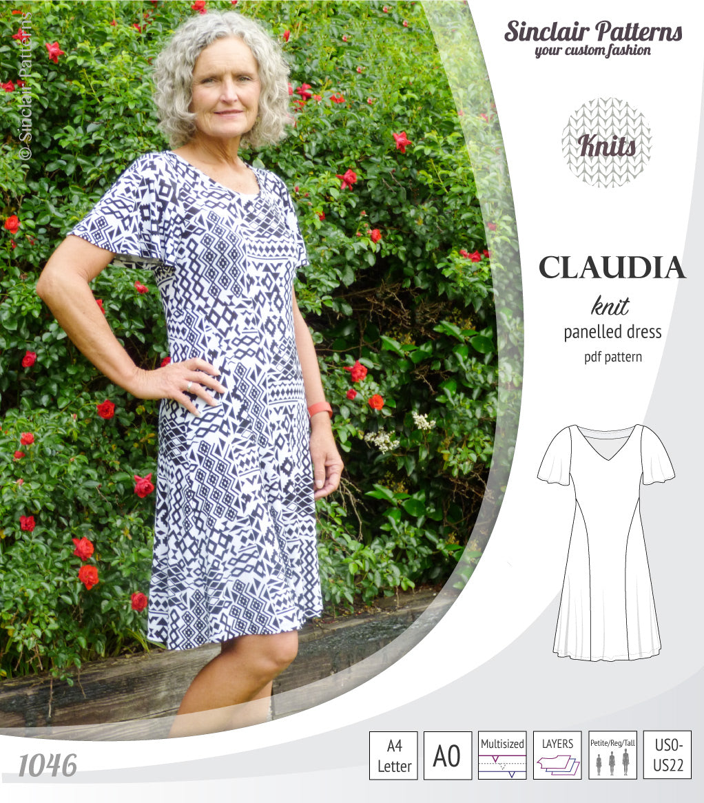 PDF Sewing pattern Sinclair Patterns S1046 Claudia godet style knit dress or tunic with flutter sleeves